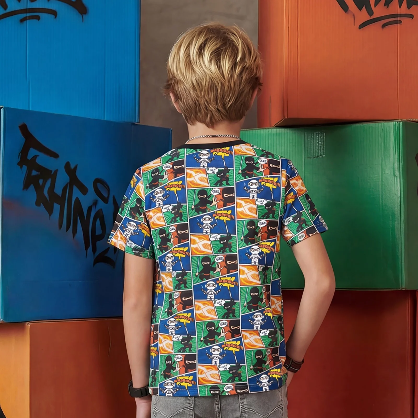 Kid's Black Slim Fit Printed T-Shirts - Image 2