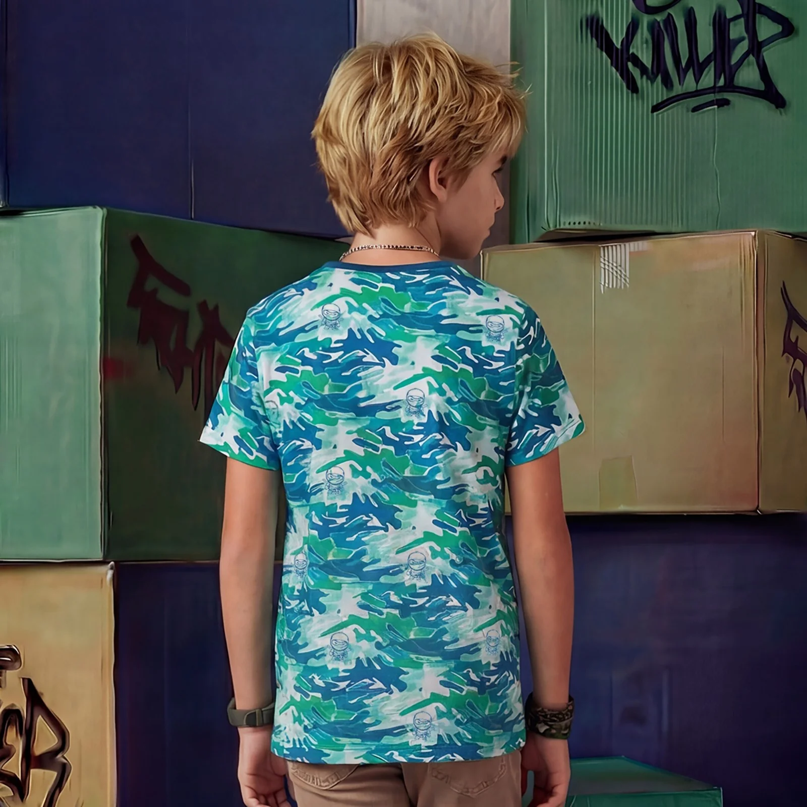 Kid's Green Slim Fit Printed T-Shirts - Image 2