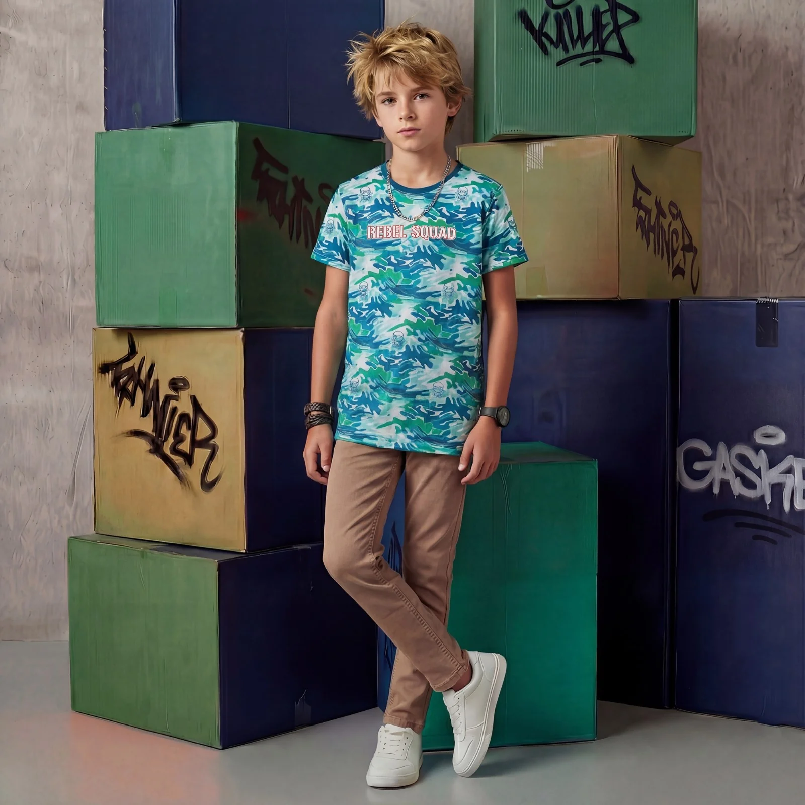 Kid's Green Slim Fit Printed T-Shirts - Image 3