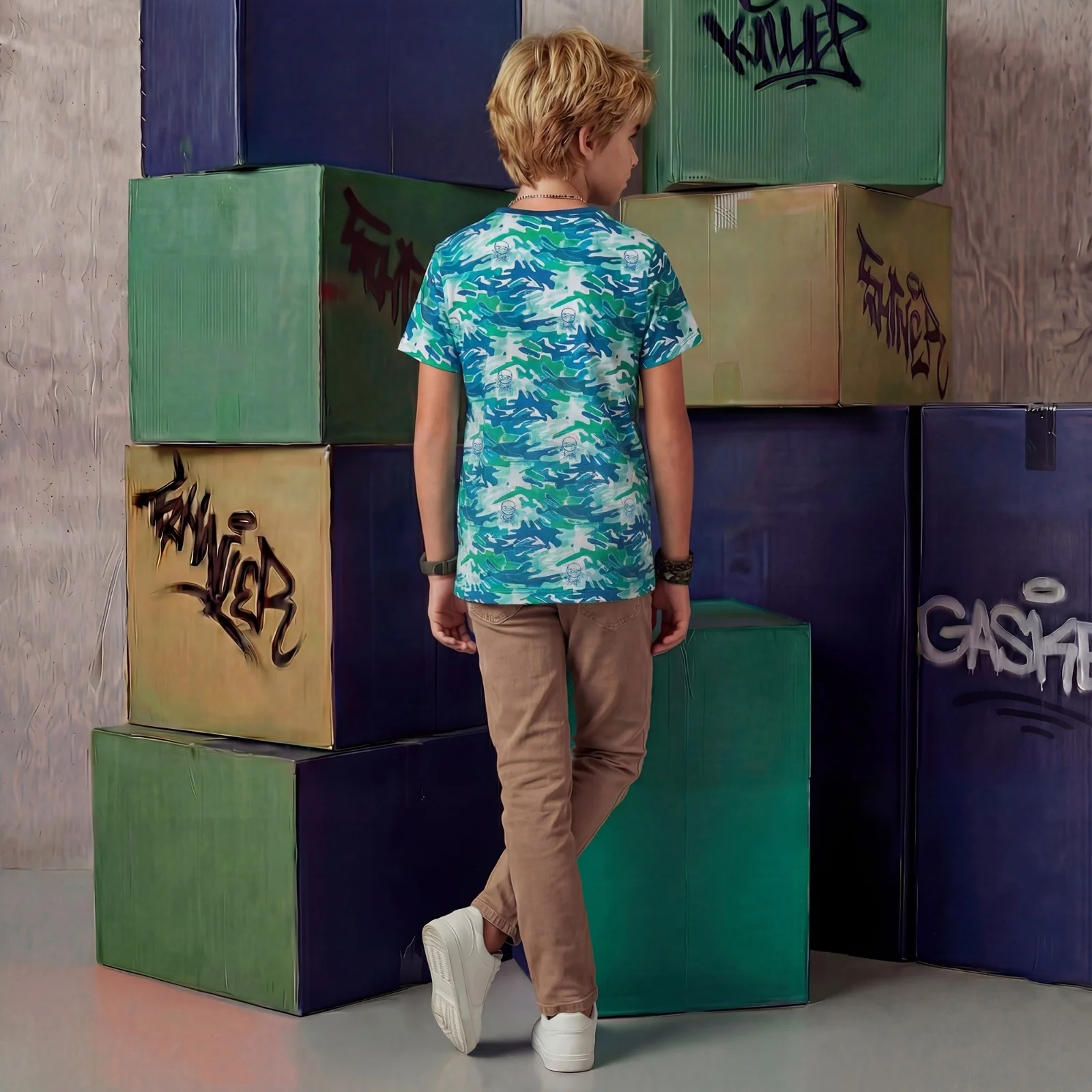 Kid's Green Slim Fit Printed T-Shirts - Image 4