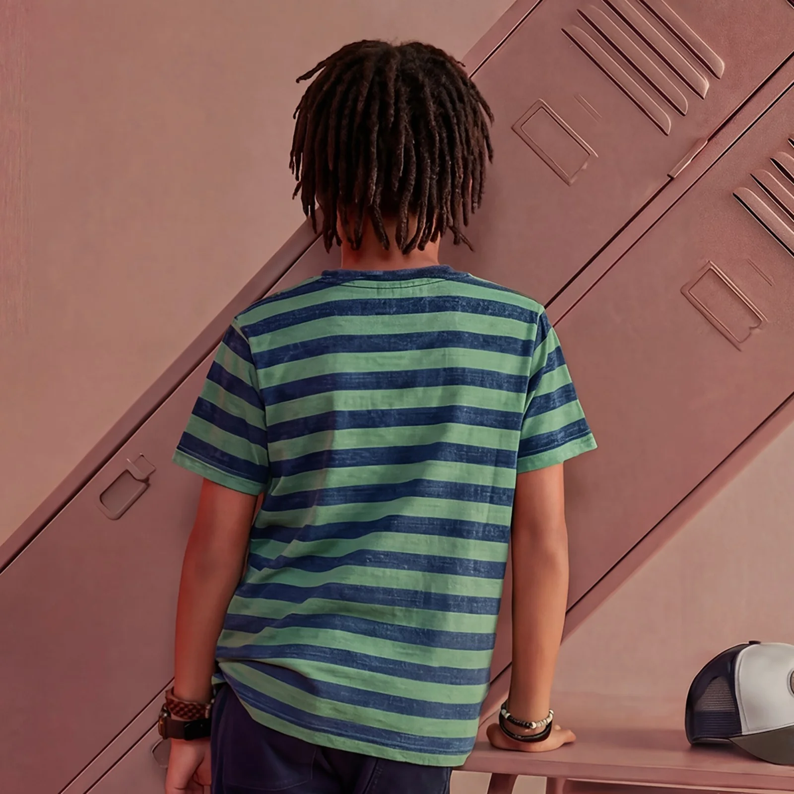 Kid's Green Slim Fit Striped T-Shirts - Image 4