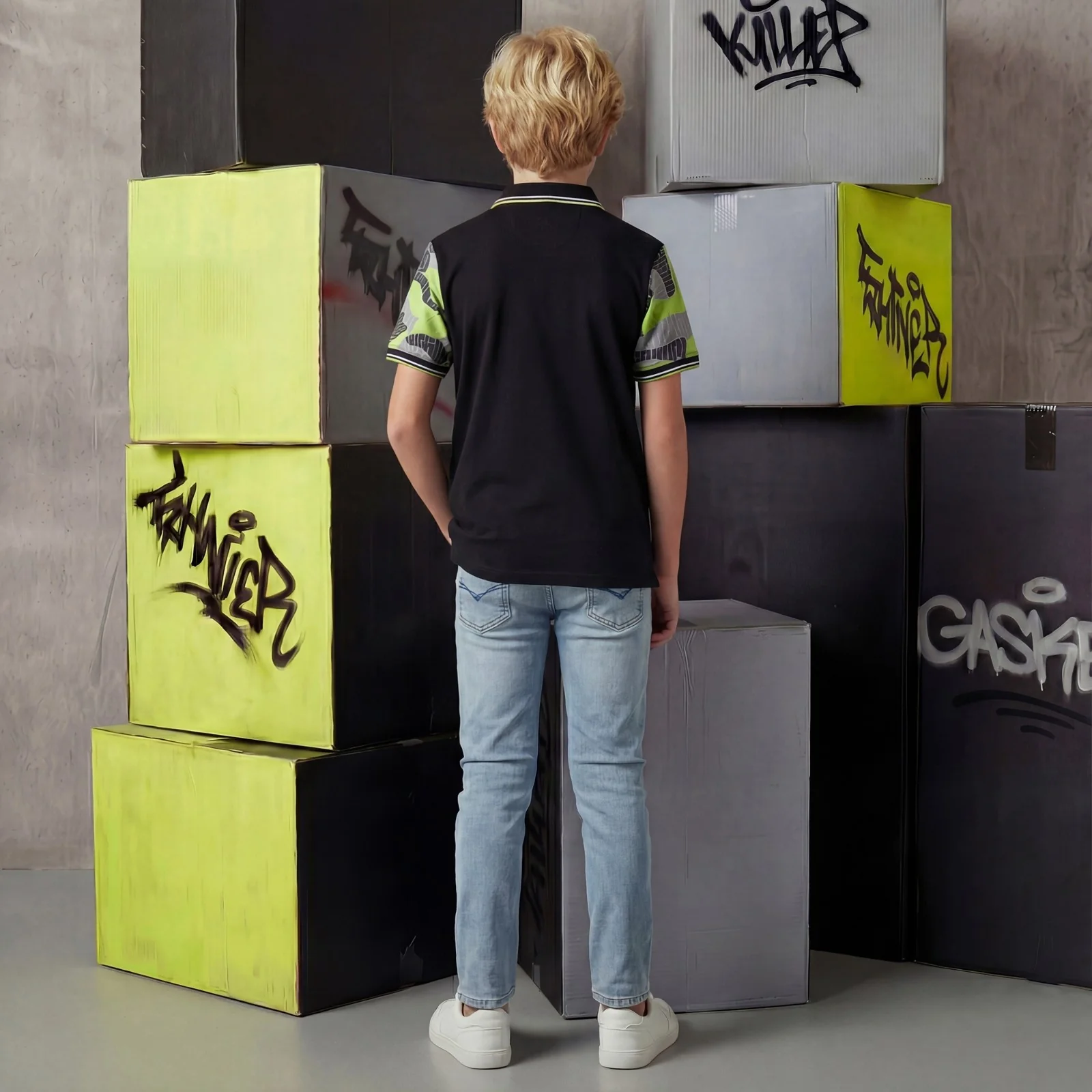 Kid's Black Slim Fit Polo Neck T-Shirts - Image 4