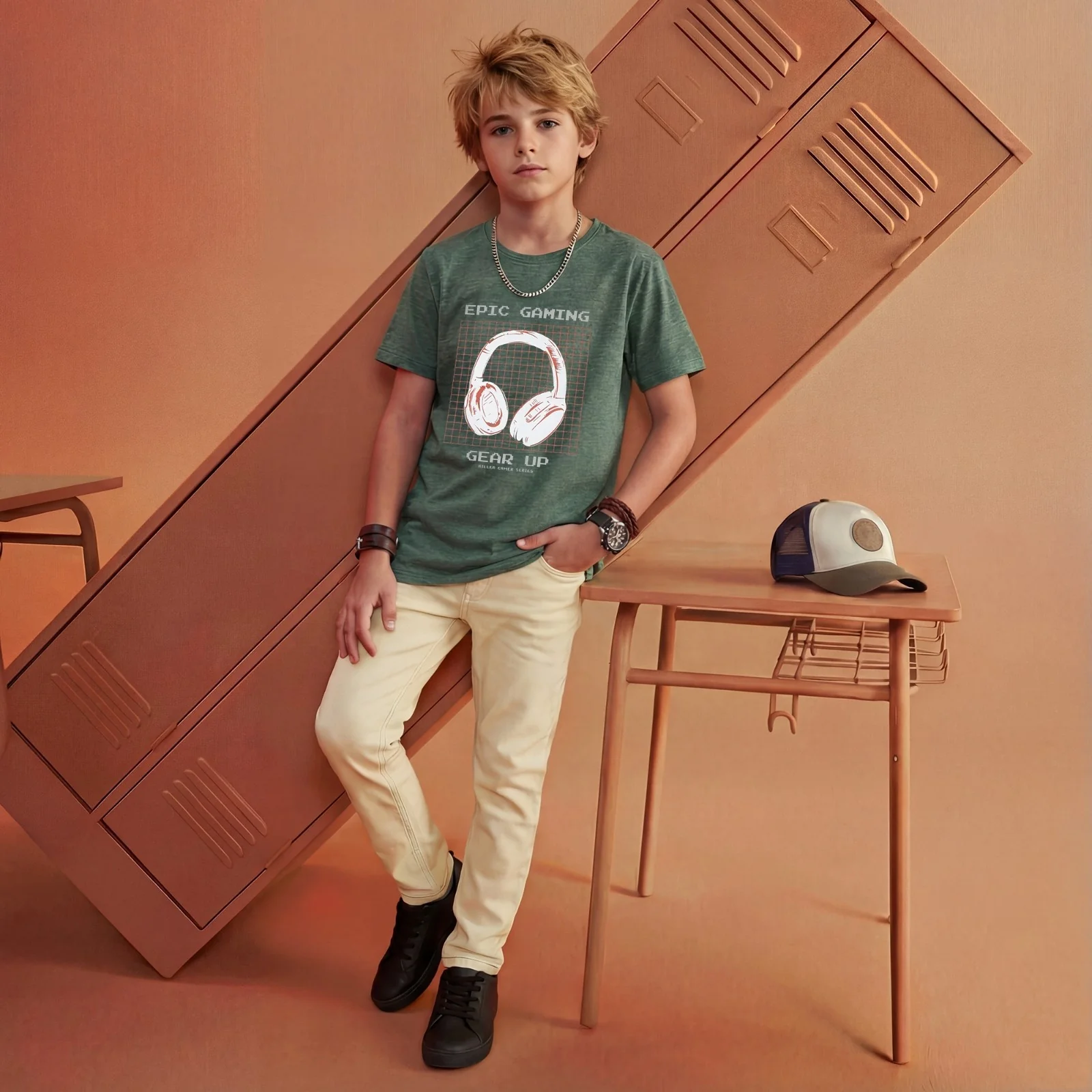 Kid's Green Slim Fit Printed T-Shirts - Image 3