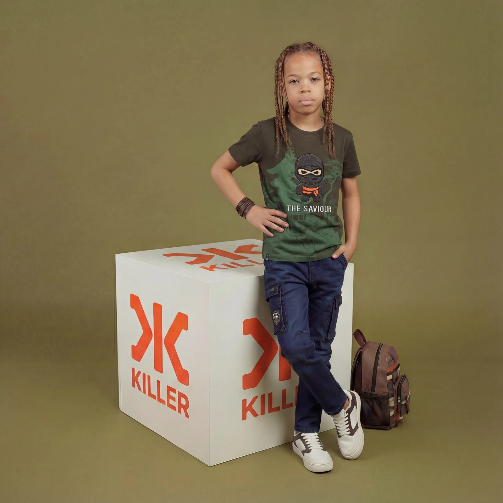 Kid's Olive Slim Fit Printed T-Shirts - Image 3