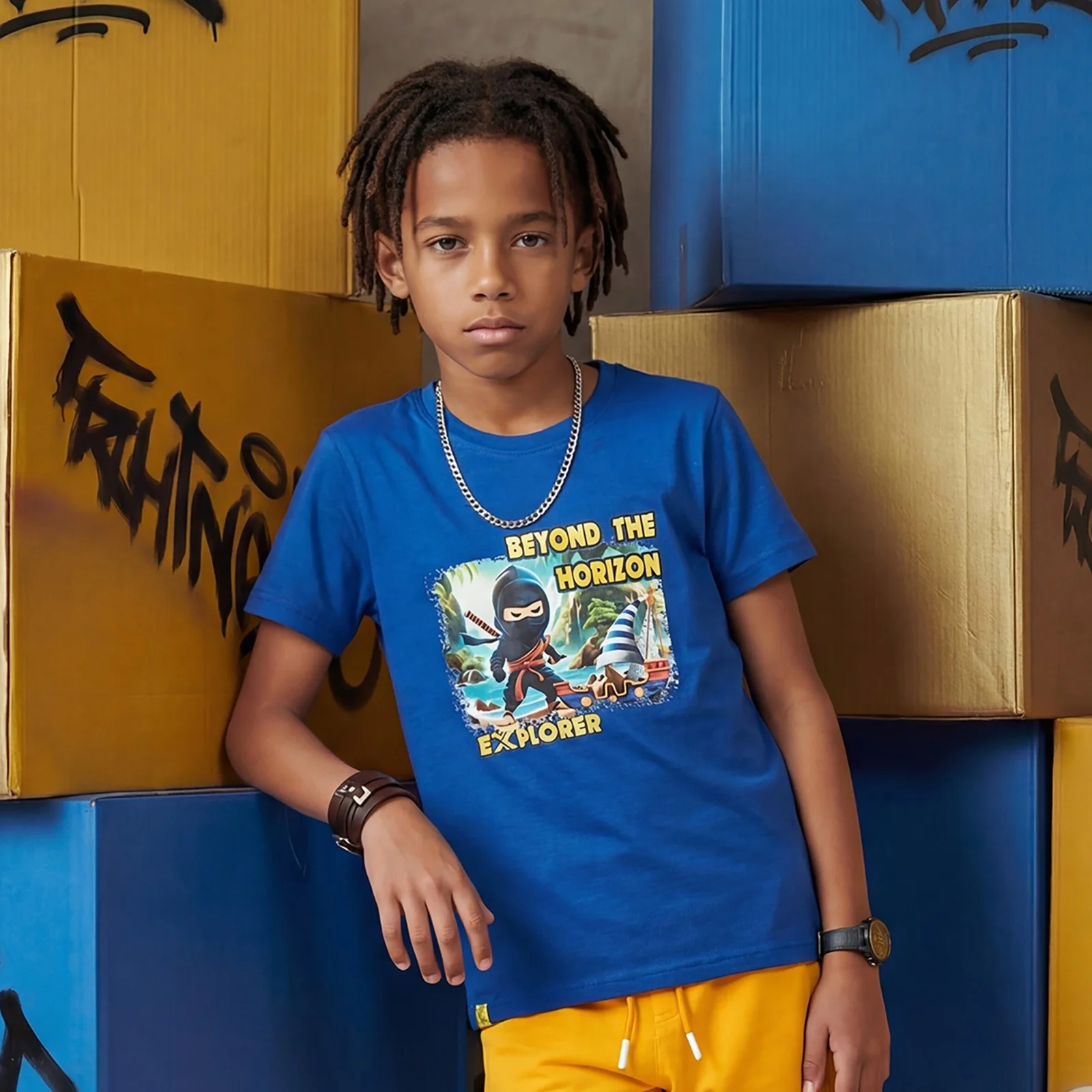 Kid's Royal Blue Slim Fit Printed T-Shirts