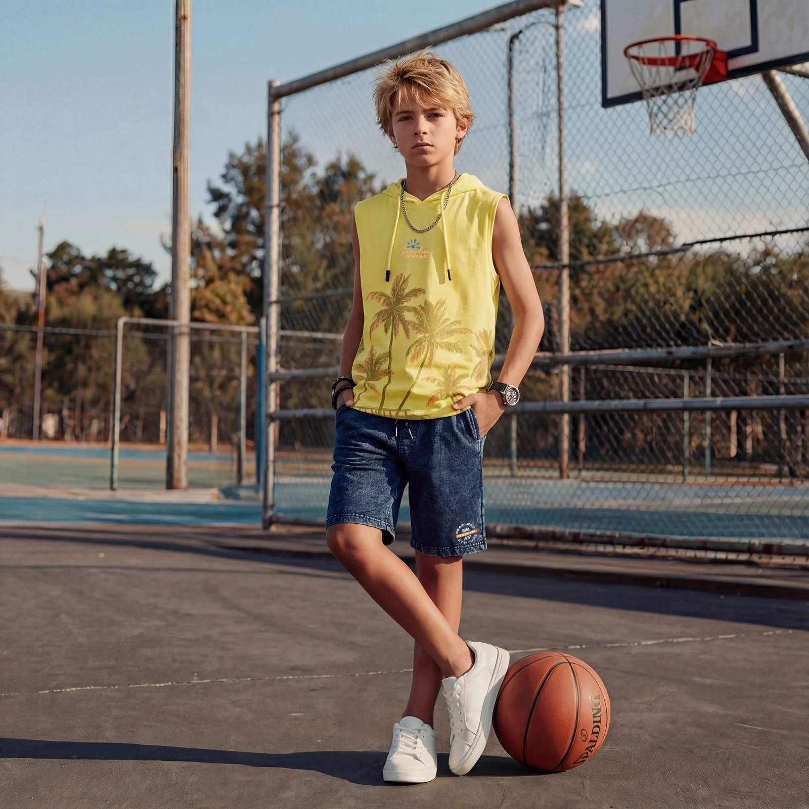 Kid's Yellow Slim Fit Hooded Sleeveless T-Shirts - Image 3