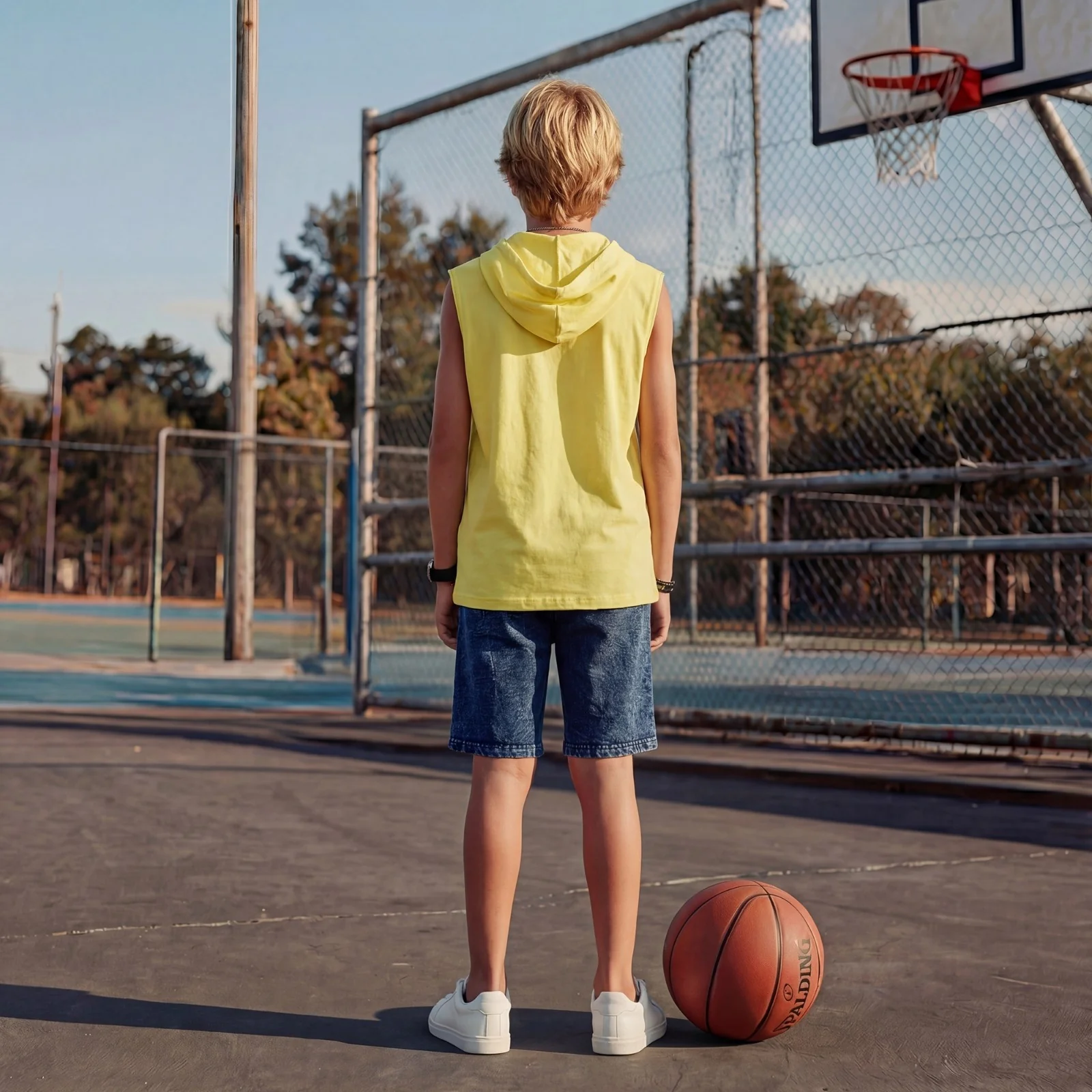 Kid's Yellow Slim Fit Hooded Sleeveless T-Shirts - Image 4