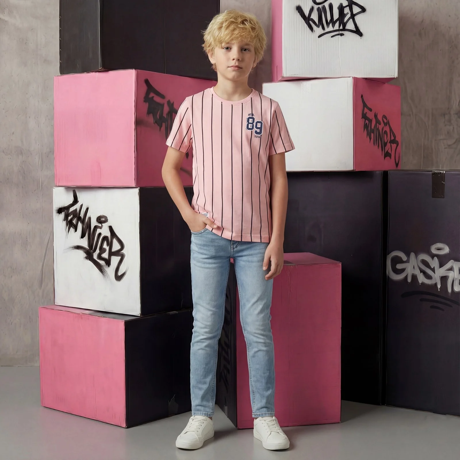 Kid's Peach Slim Fit Striped T-Shirts - Image 3