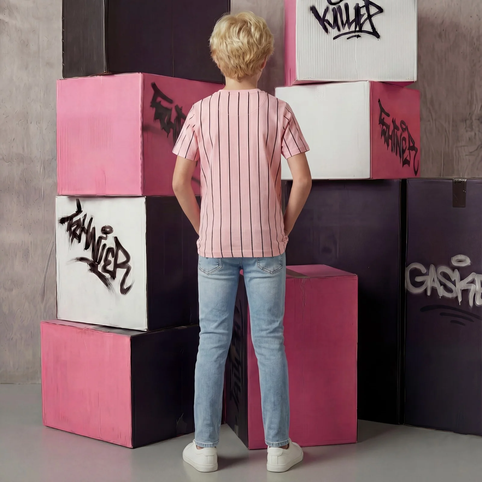 Kid's Peach Slim Fit Striped T-Shirts - Image 4