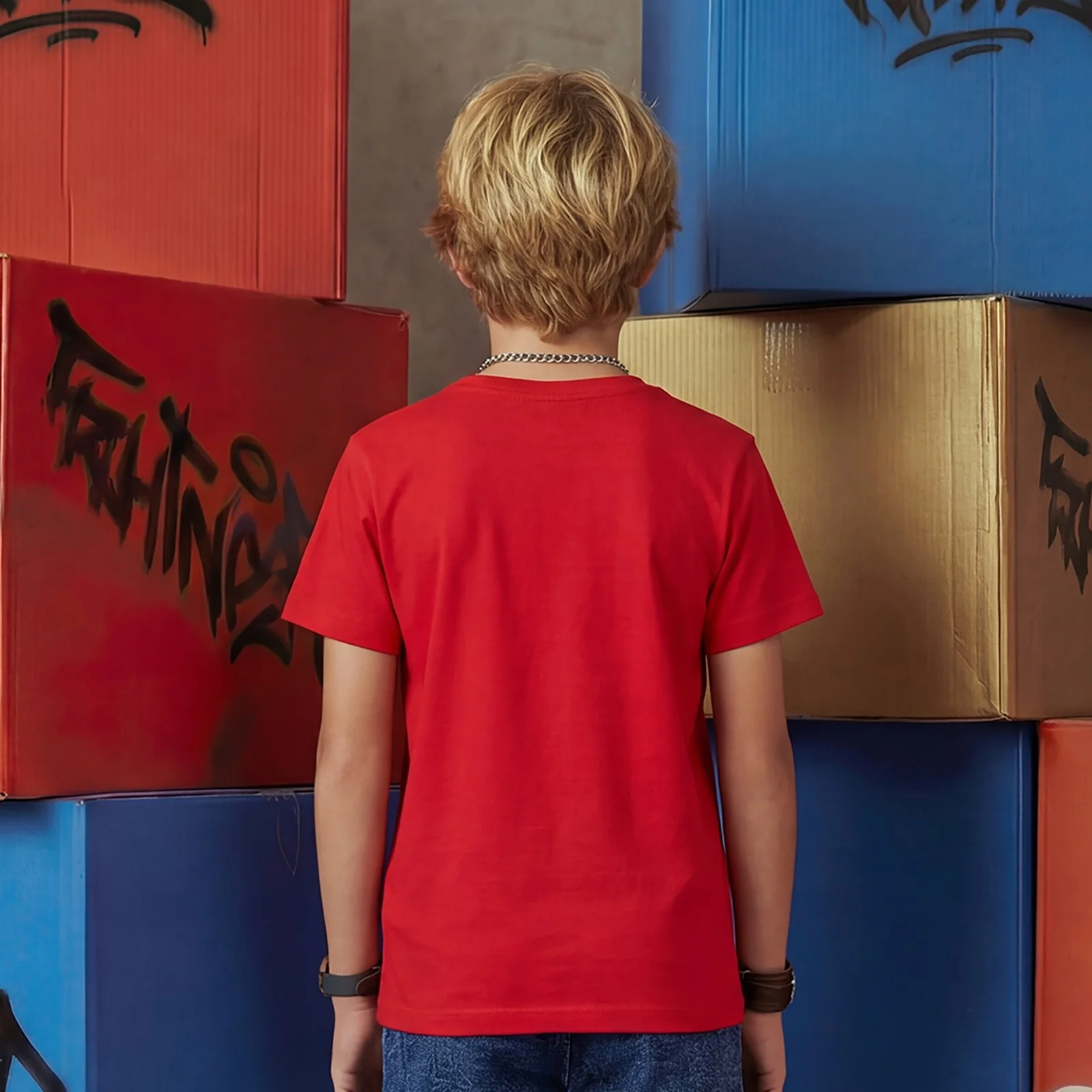 Kid's Red/Aqua Slim Fit Printed T-Shirts - Image 3