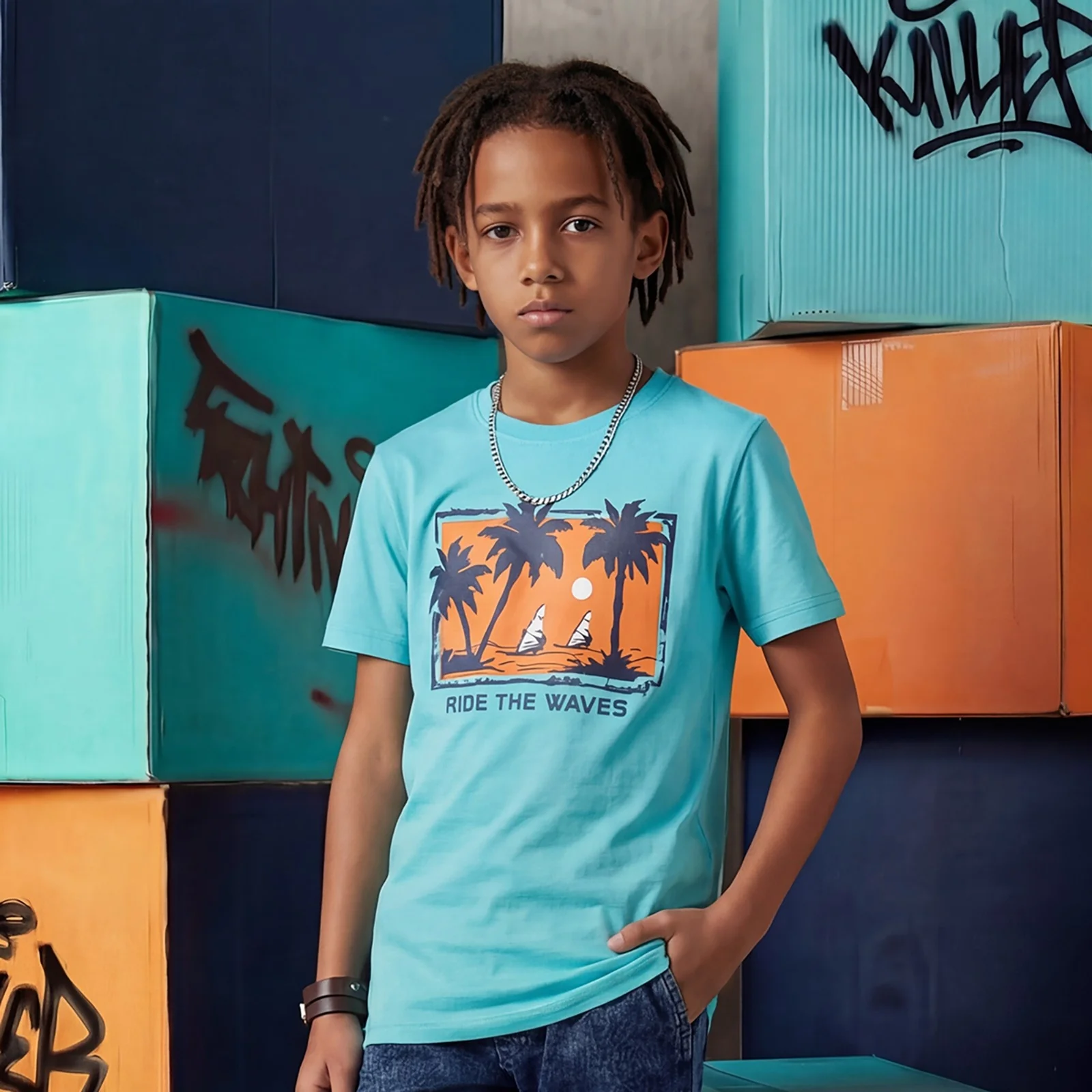 Kid's Red/Aqua Slim Fit Printed T-Shirts - Image 4
