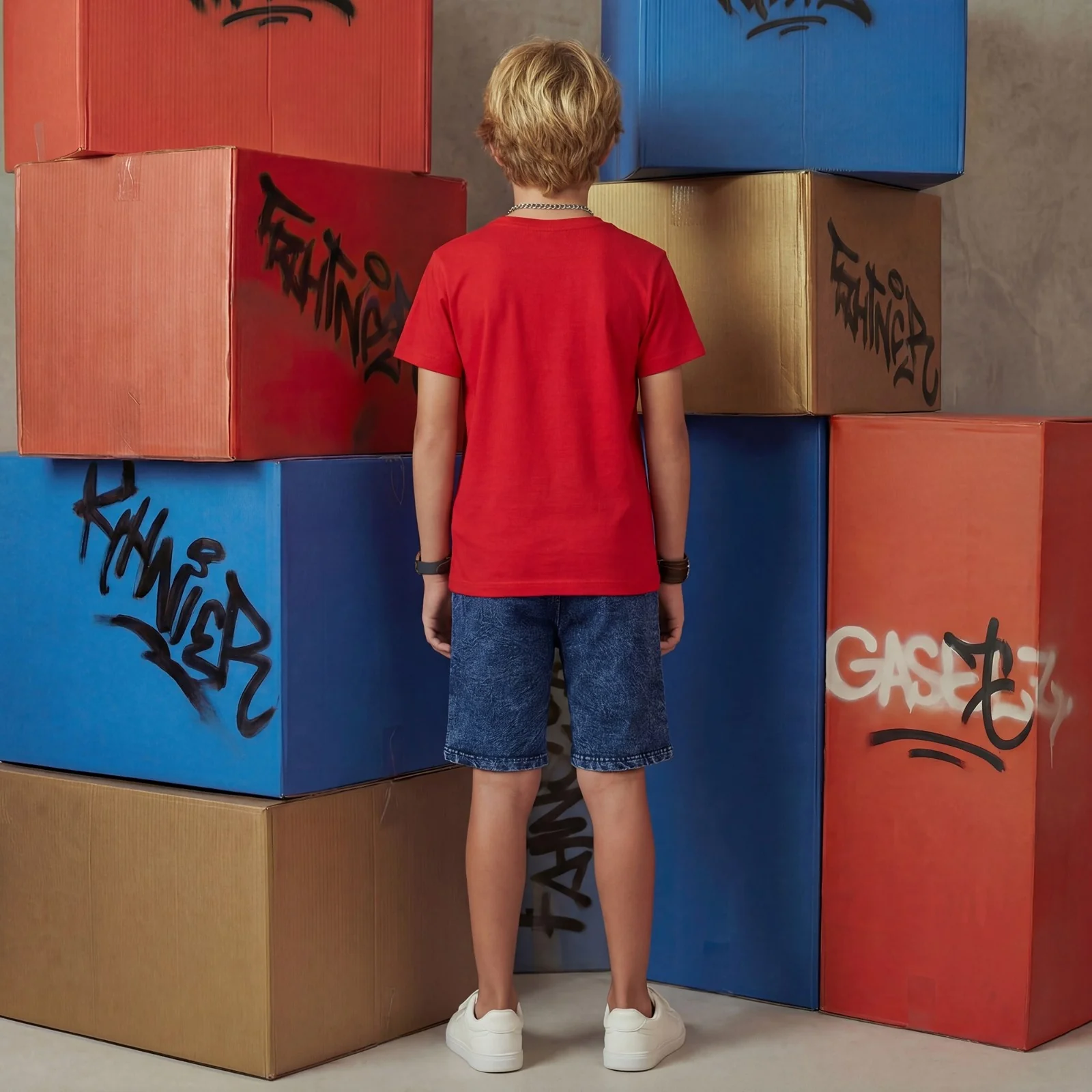 Kid's Red/Aqua Slim Fit Printed T-Shirts - Image 6