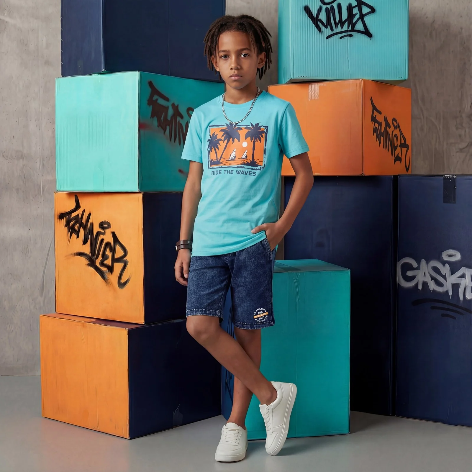 Kid's Red/Aqua Slim Fit Printed T-Shirts - Image 7