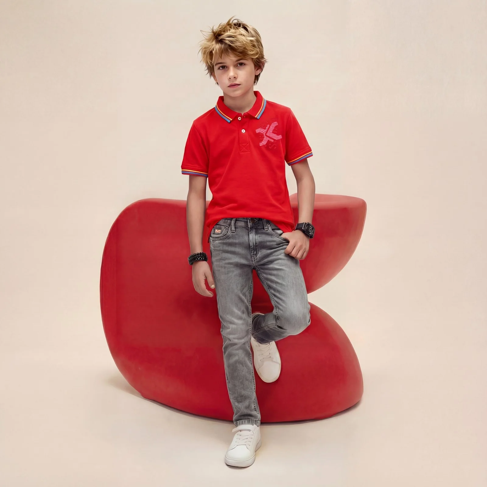 Kid's Red Slim Fit Polo Neck T-Shirts - Image 3