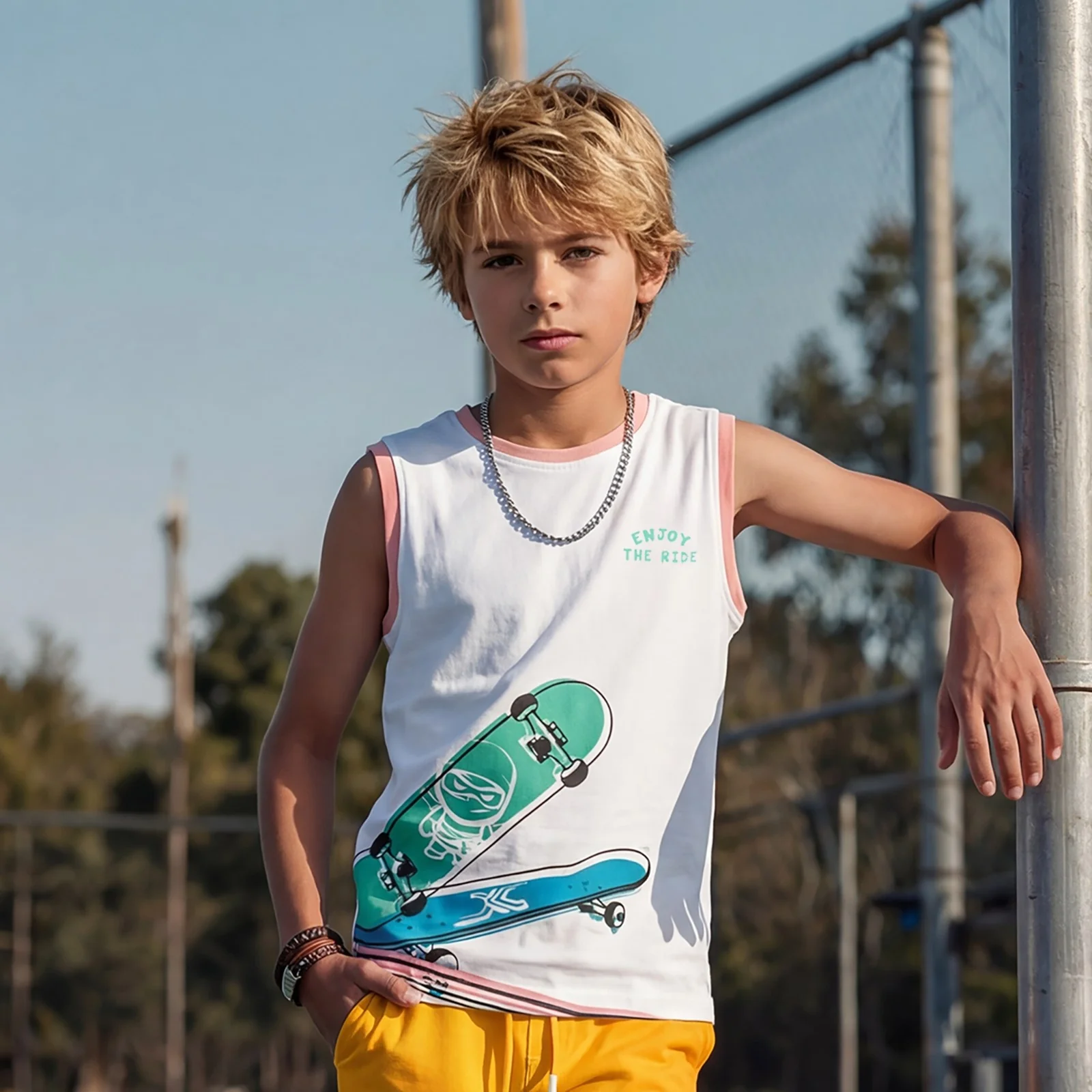 Kid's White Slim Fit Sleeveless T-Shirts