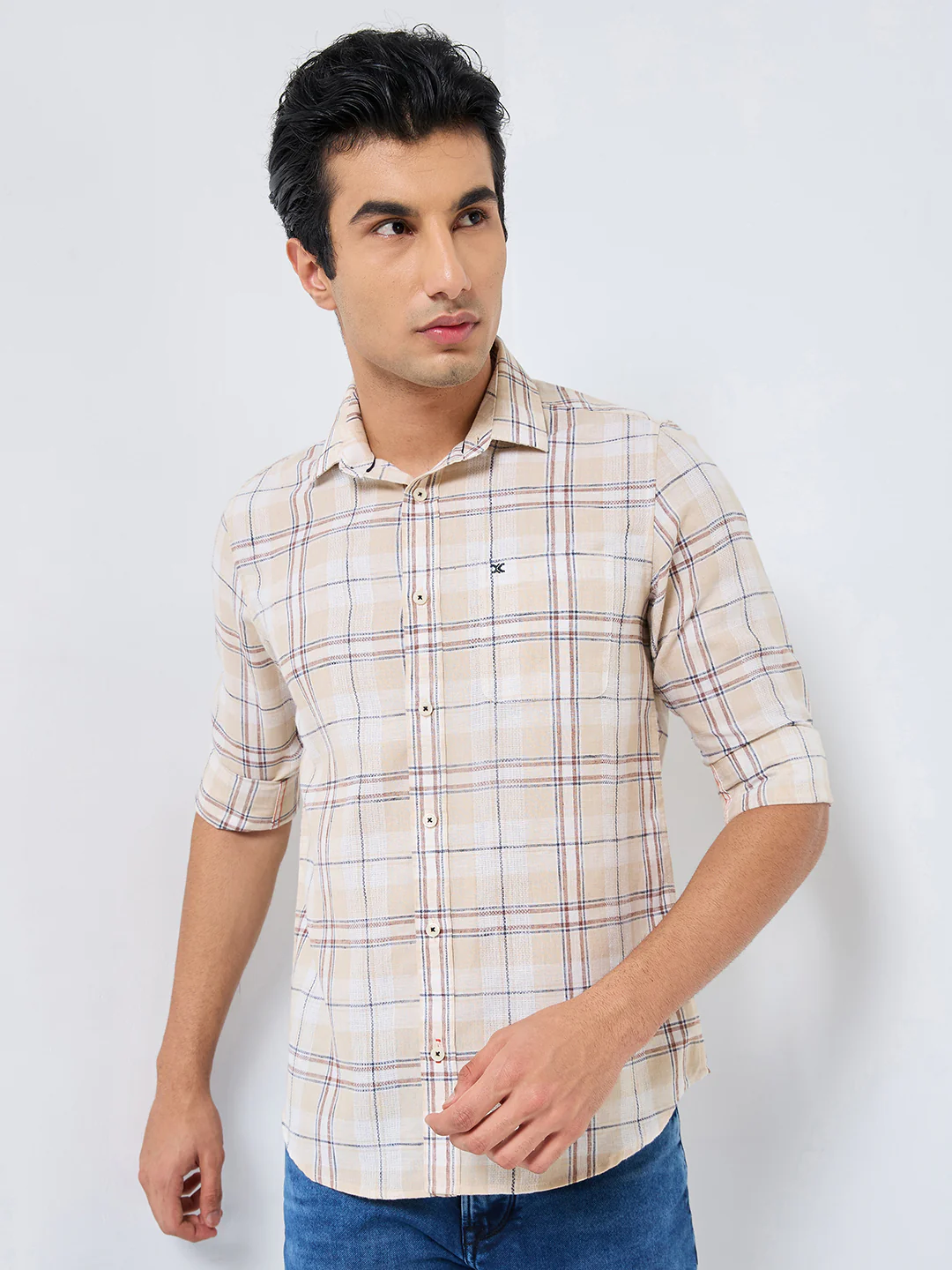 Full sleeves Slim Fit Beige Mix Structured Checks Shirt - Image 4