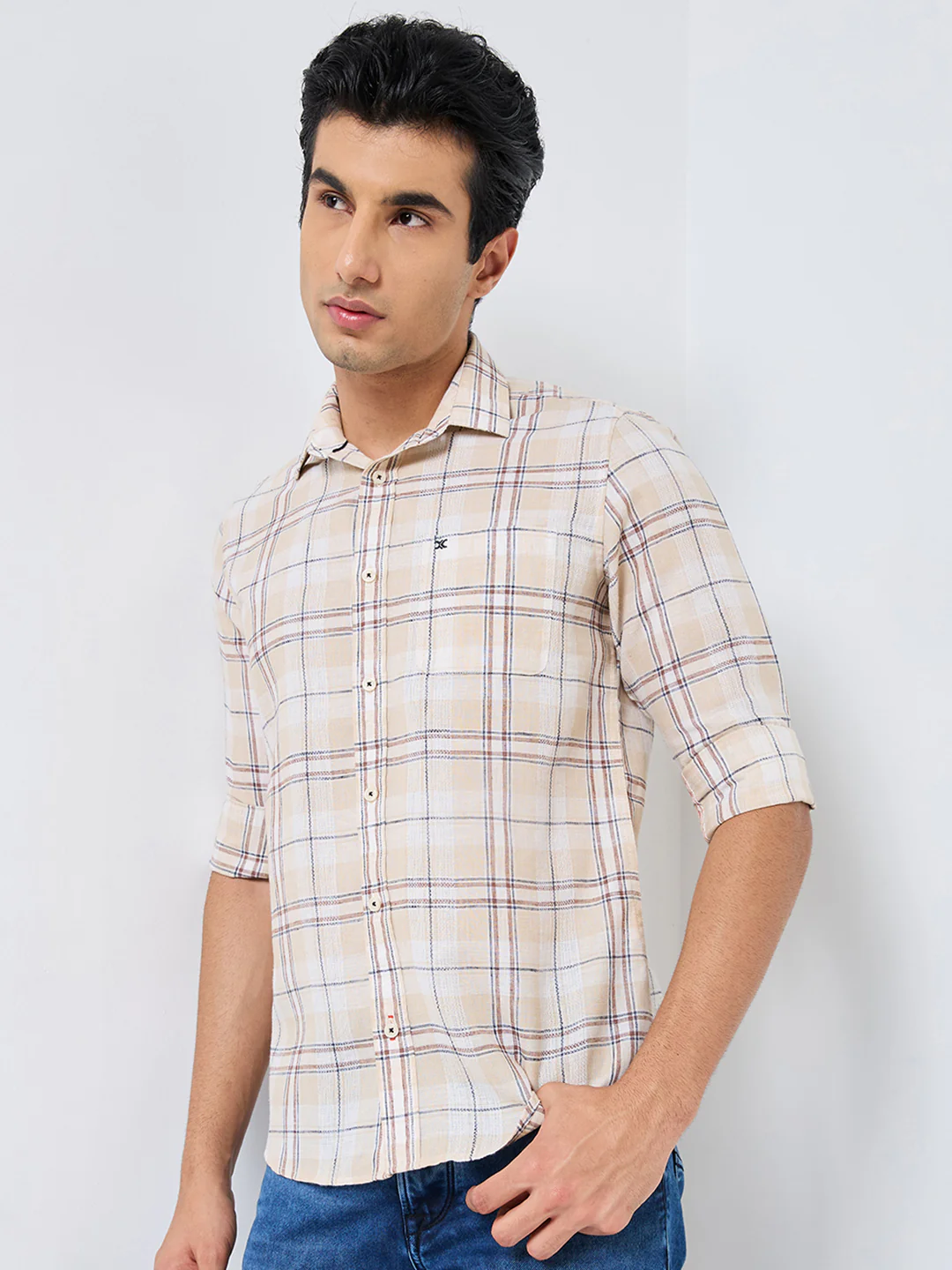 Full sleeves Slim Fit Beige Mix Structured Checks Shirt - Image 6
