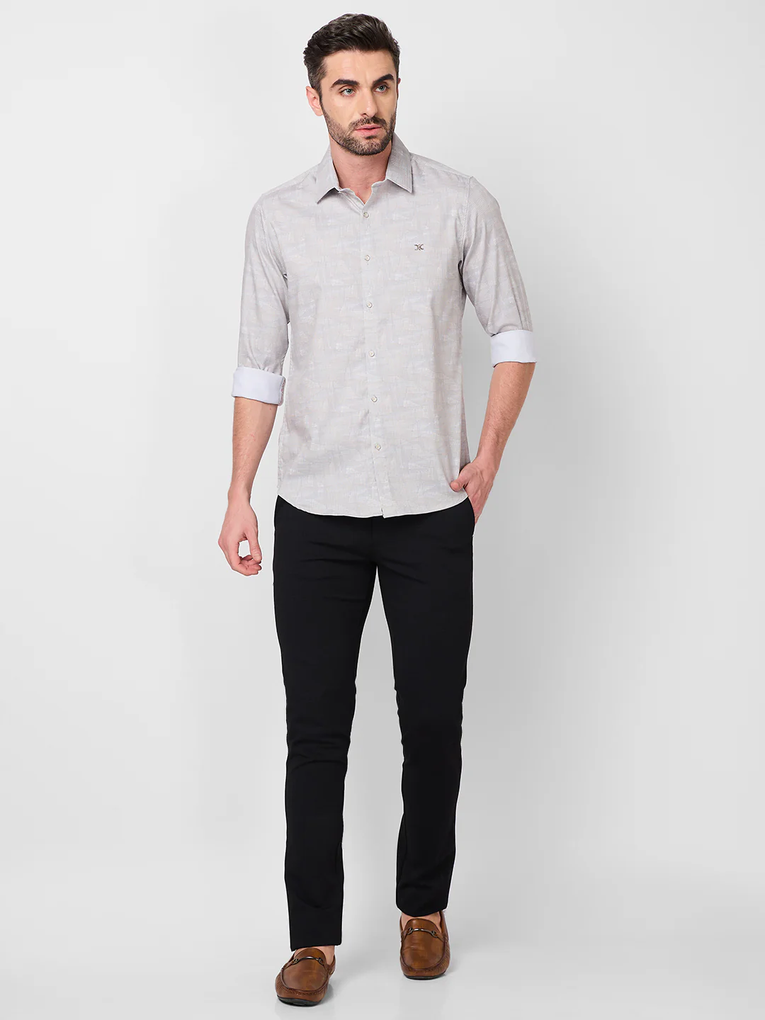 Full Sleeves Slim Fit Beige all-over Tonal Camau print Shirt - Image 4