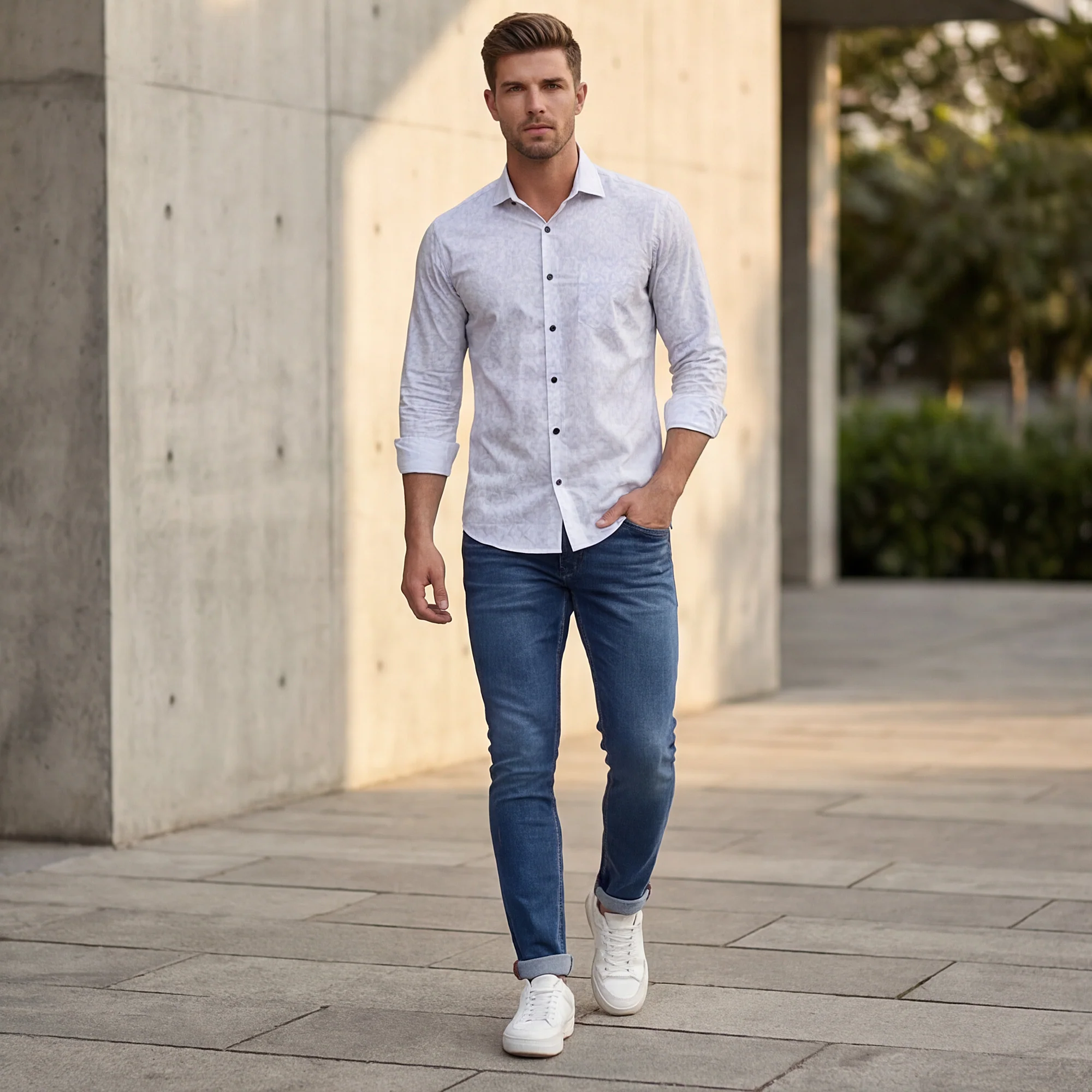 Full Sleeves Slim Fit Beige All Over Abstract Line Print Shirt