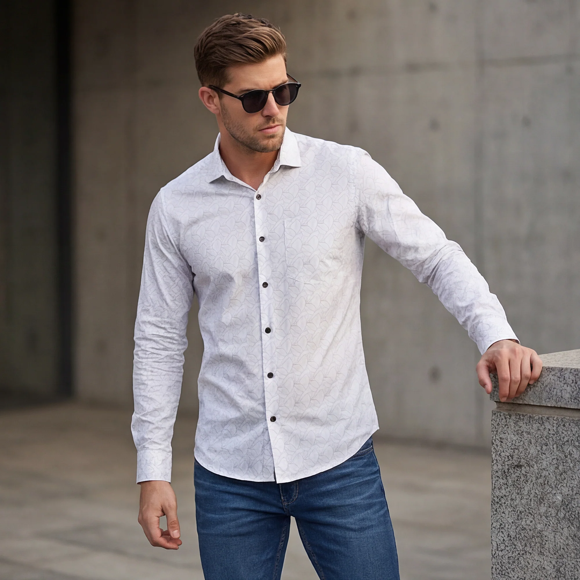 Full Sleeves Slim Fit Beige All Over Abstract Line Print Shirt - Image 2