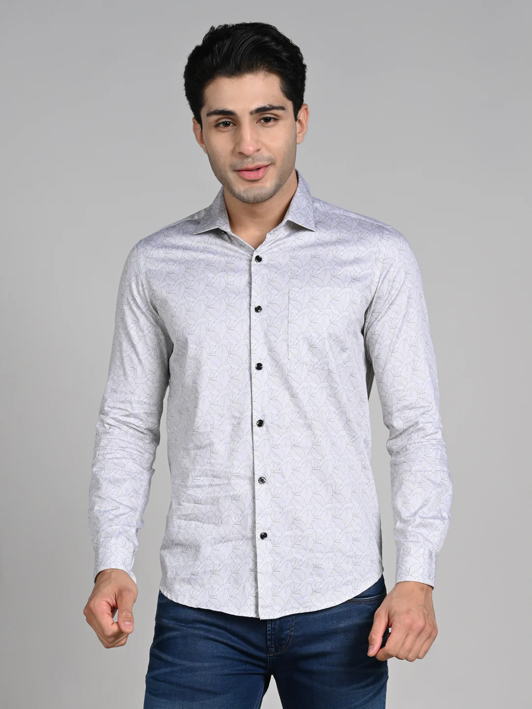 Full Sleeves Slim Fit Beige All Over Abstract Line Print Shirt - Image 4