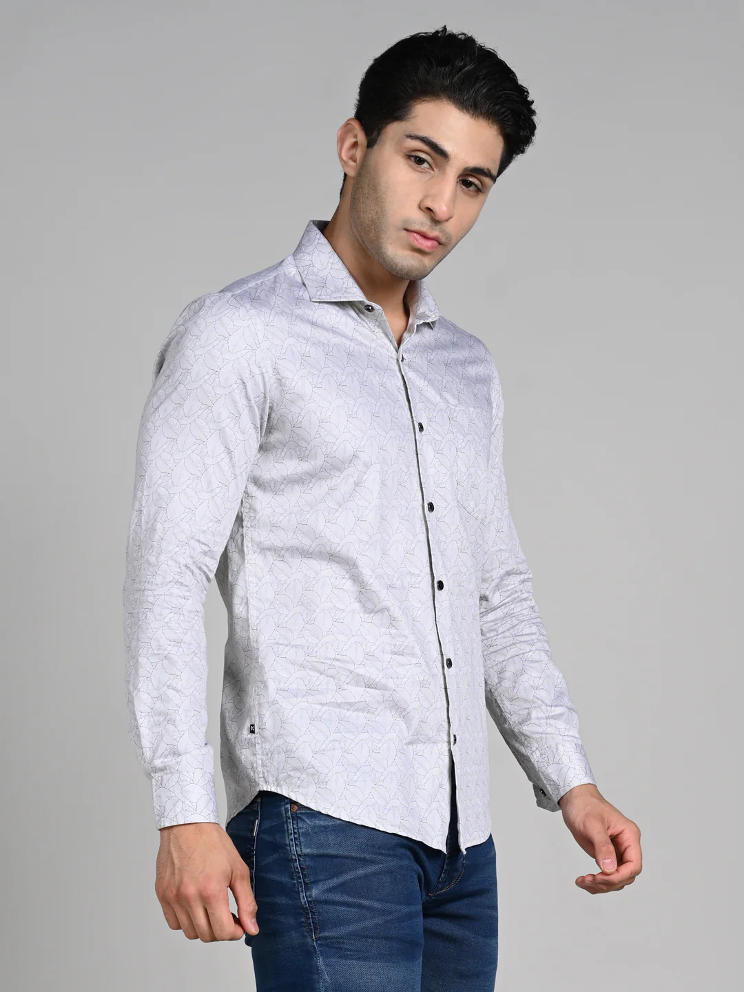 Full Sleeves Slim Fit Beige All Over Abstract Line Print Shirt - Image 5