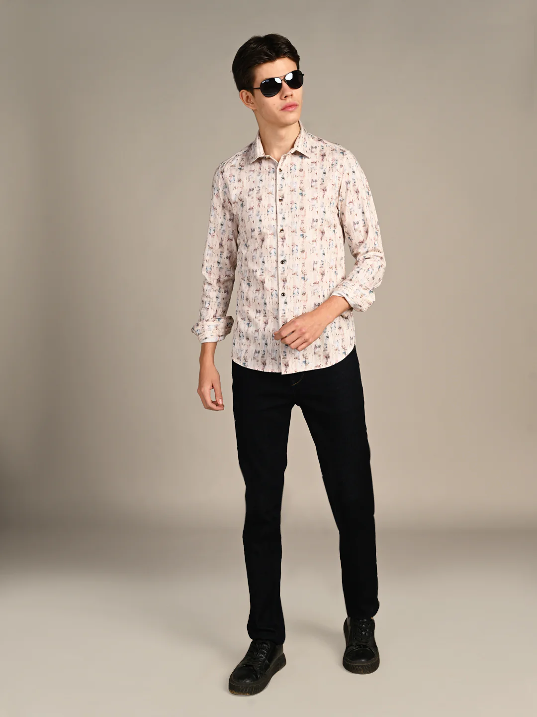 Full sleeves Slim Fit Beige All-Over Distressed texture Stripe Print Shirt - Image 3