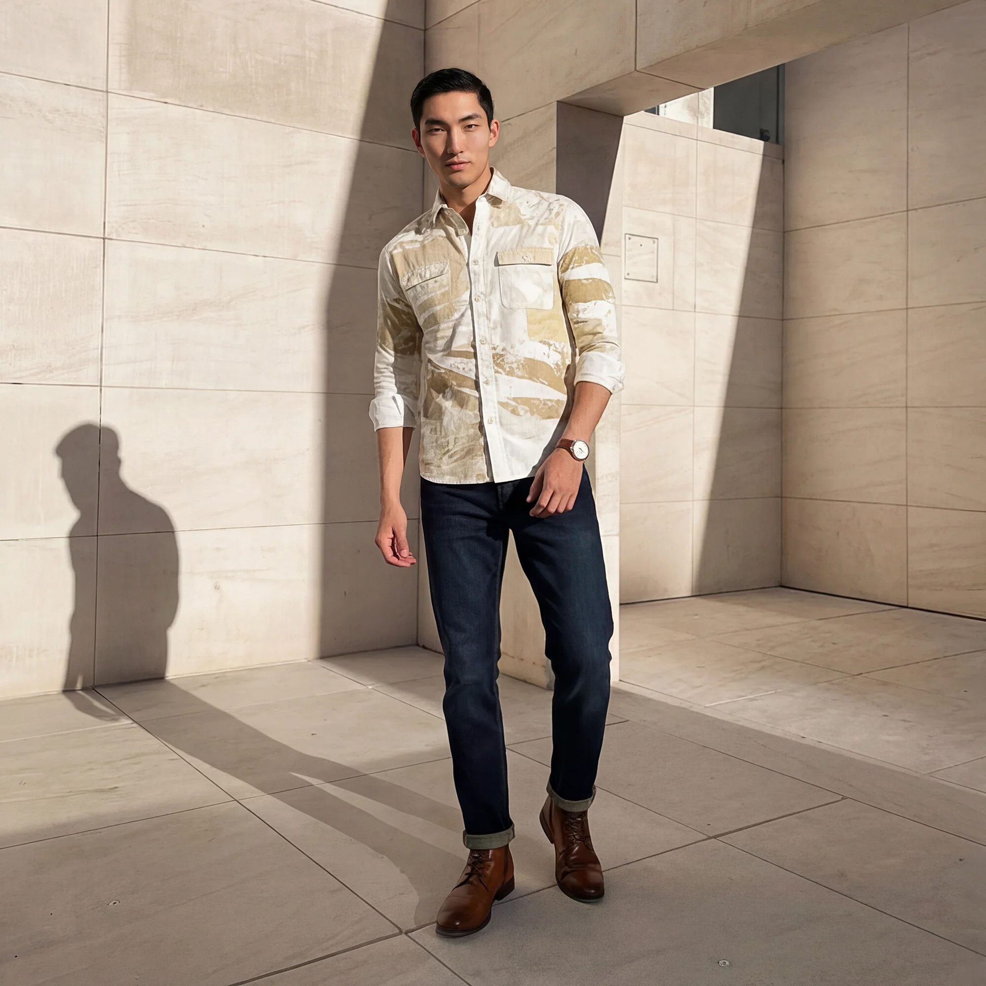 Full Sleeves Slim Fit Beige Camauflage Double Pocket Canvas Print Shirt