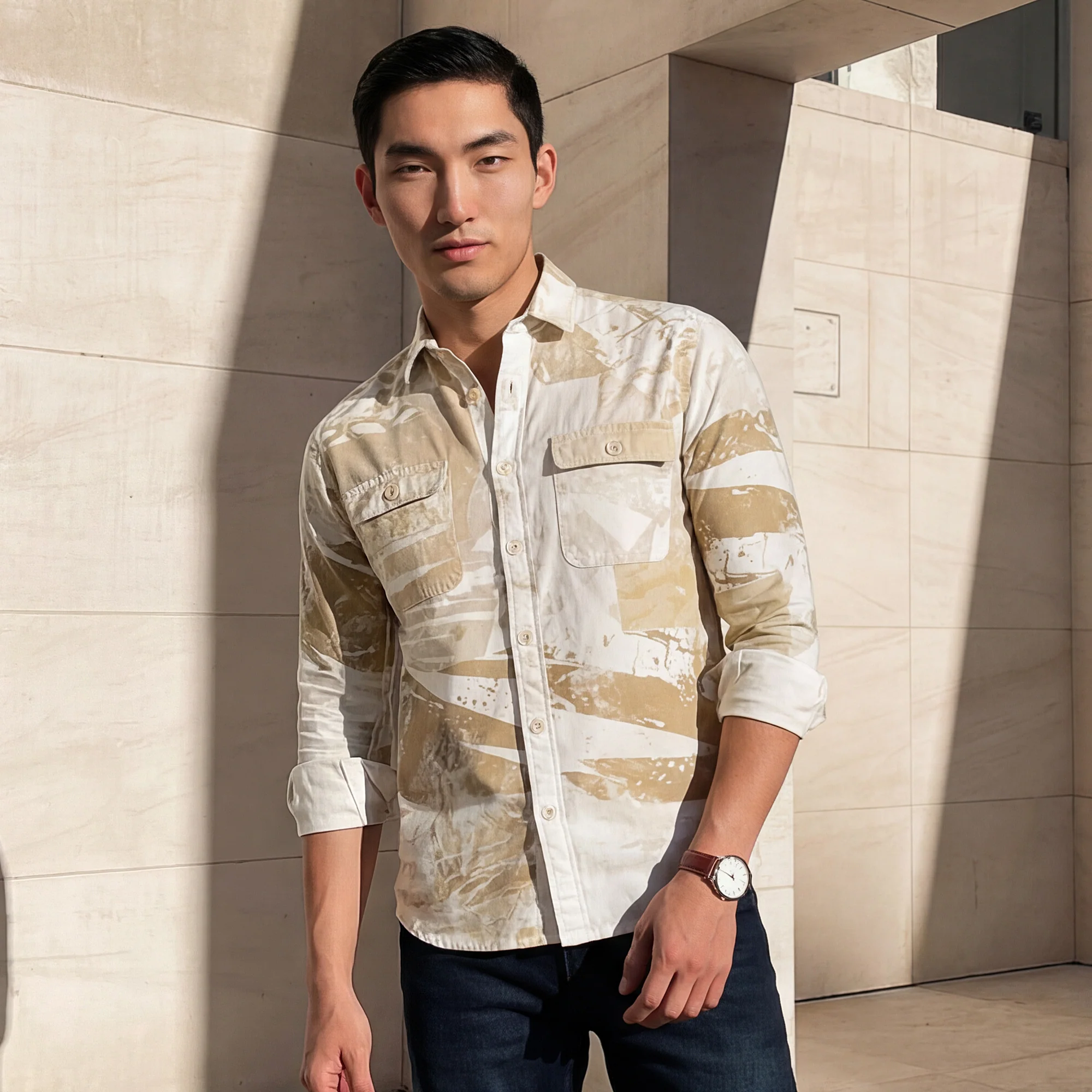 Full Sleeves Slim Fit Beige Camauflage Double Pocket Canvas Print Shirt - Image 2