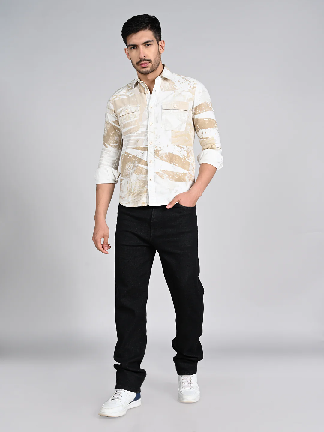 Full Sleeves Slim Fit Beige Camauflage Double Pocket Canvas Print Shirt - Image 3
