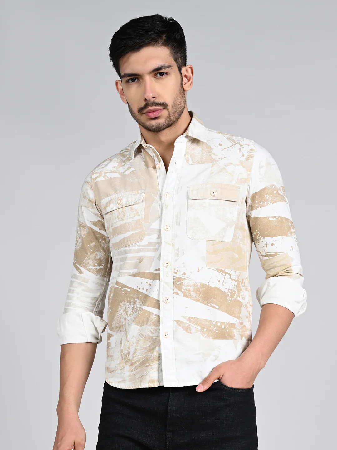 Full Sleeves Slim Fit Beige Camauflage Double Pocket Canvas Print Shirt - Image 4