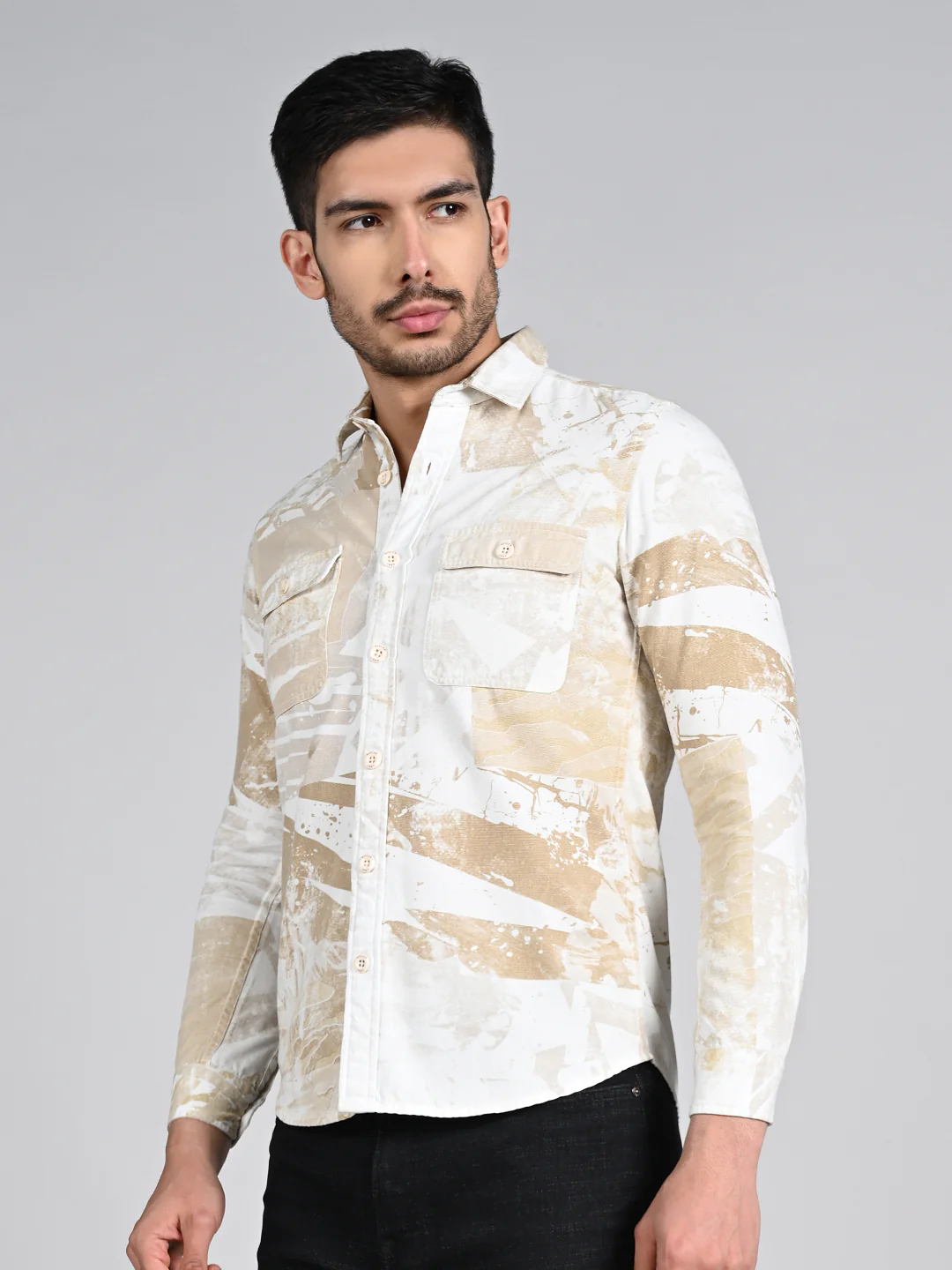 Full Sleeves Slim Fit Beige Camauflage Double Pocket Canvas Print Shirt - Image 5