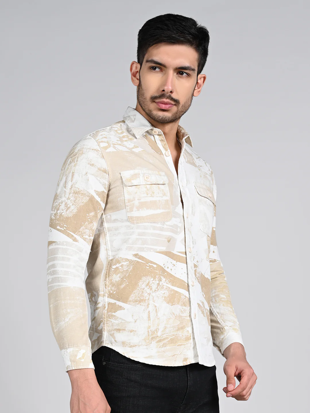 Full Sleeves Slim Fit Beige Camauflage Double Pocket Canvas Print Shirt - Image 6