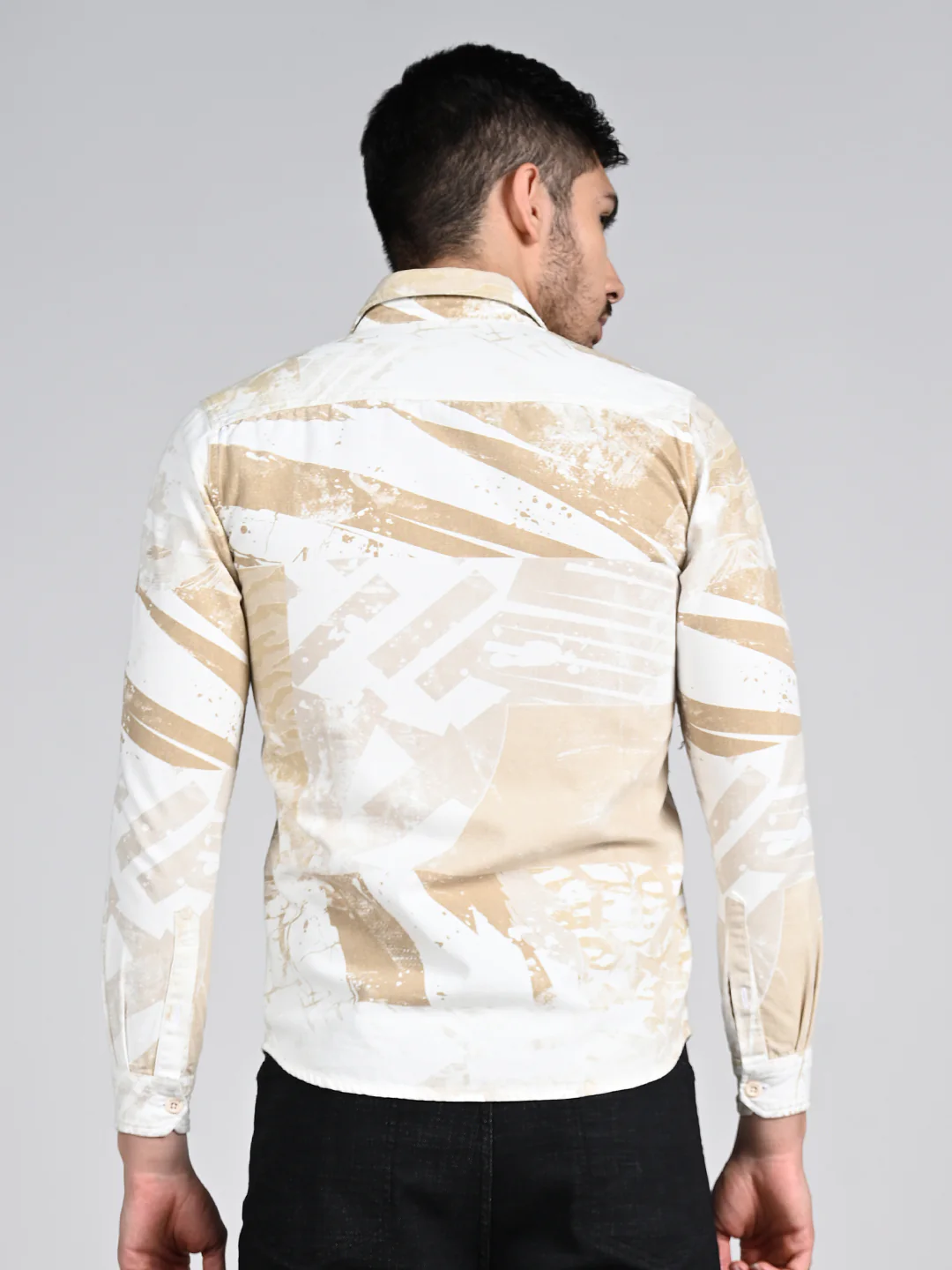 Full Sleeves Slim Fit Beige Camauflage Double Pocket Canvas Print Shirt - Image 7