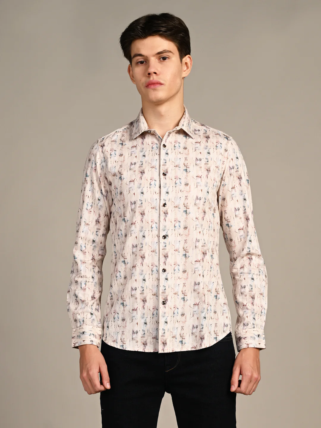 Full sleeves Slim Fit Beige All-Over Distressed texture Stripe Print Shirt - Image 4