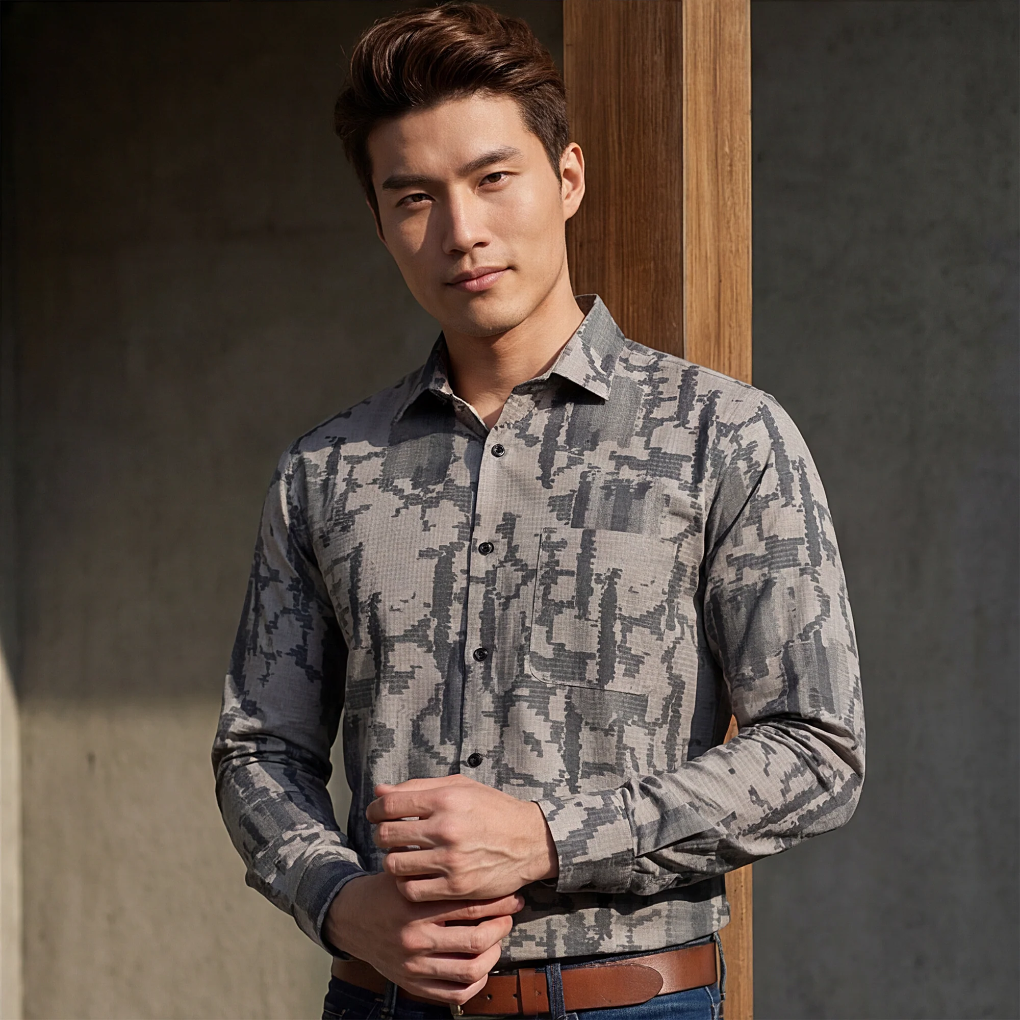 Full Sleeves Slim Fit Camel All over Abstract Dobby Textured Print Shirt - Image 2