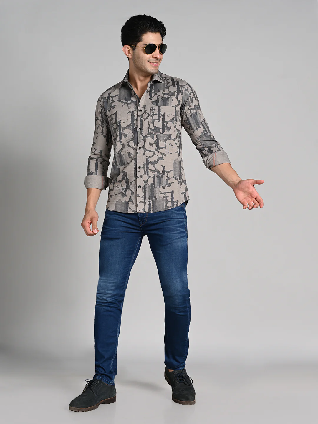 Full Sleeves Slim Fit Camel All over Abstract Dobby Textured Print Shirt - Image 3