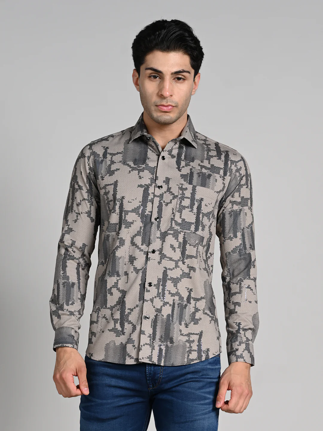 Full Sleeves Slim Fit Camel All over Abstract Dobby Textured Print Shirt - Image 4