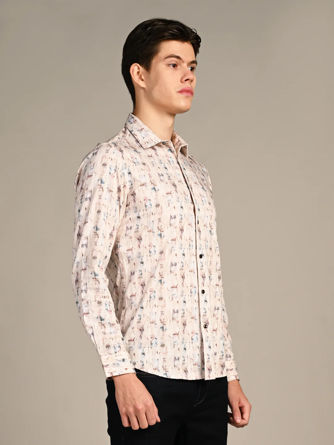Full sleeves Slim Fit Beige All-Over Distressed texture Stripe Print Shirt - Image 5