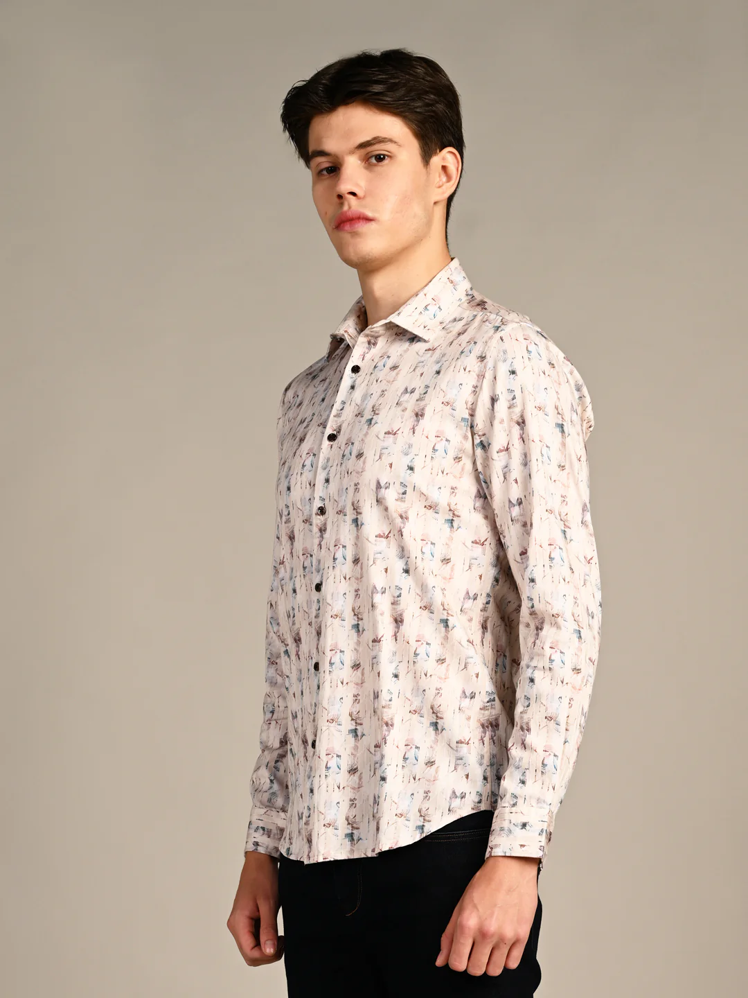 Full sleeves Slim Fit Beige All-Over Distressed texture Stripe Print Shirt - Image 6