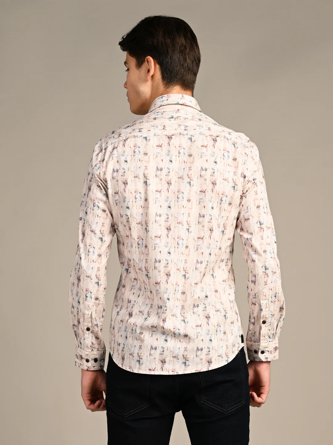 Full sleeves Slim Fit Beige All-Over Distressed texture Stripe Print Shirt - Image 7