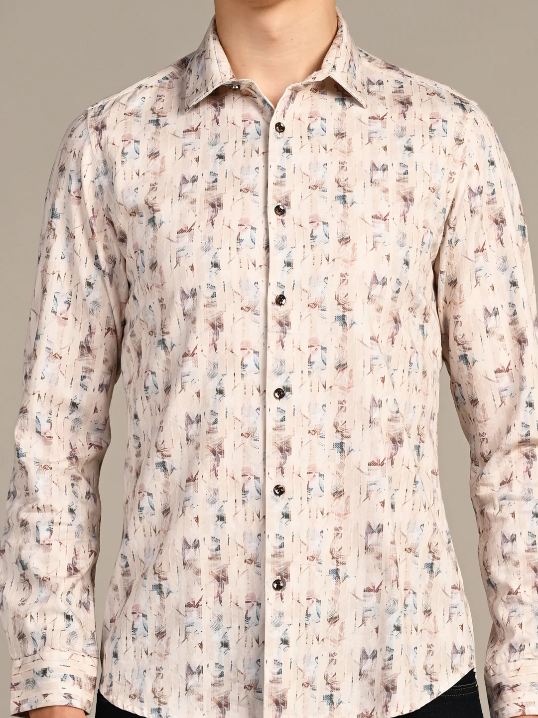 Full sleeves Slim Fit Beige All-Over Distressed texture Stripe Print Shirt - Image 8
