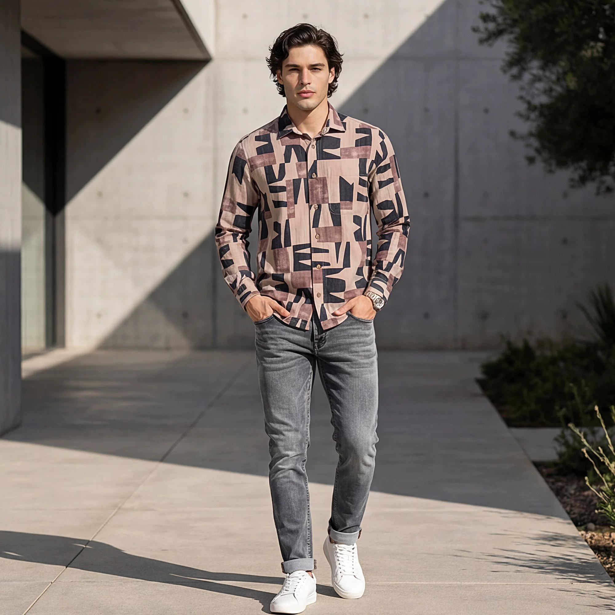 Full Sleeves Slim Fit Beige All Over Abstract Geometric TexturedPrint Shirt