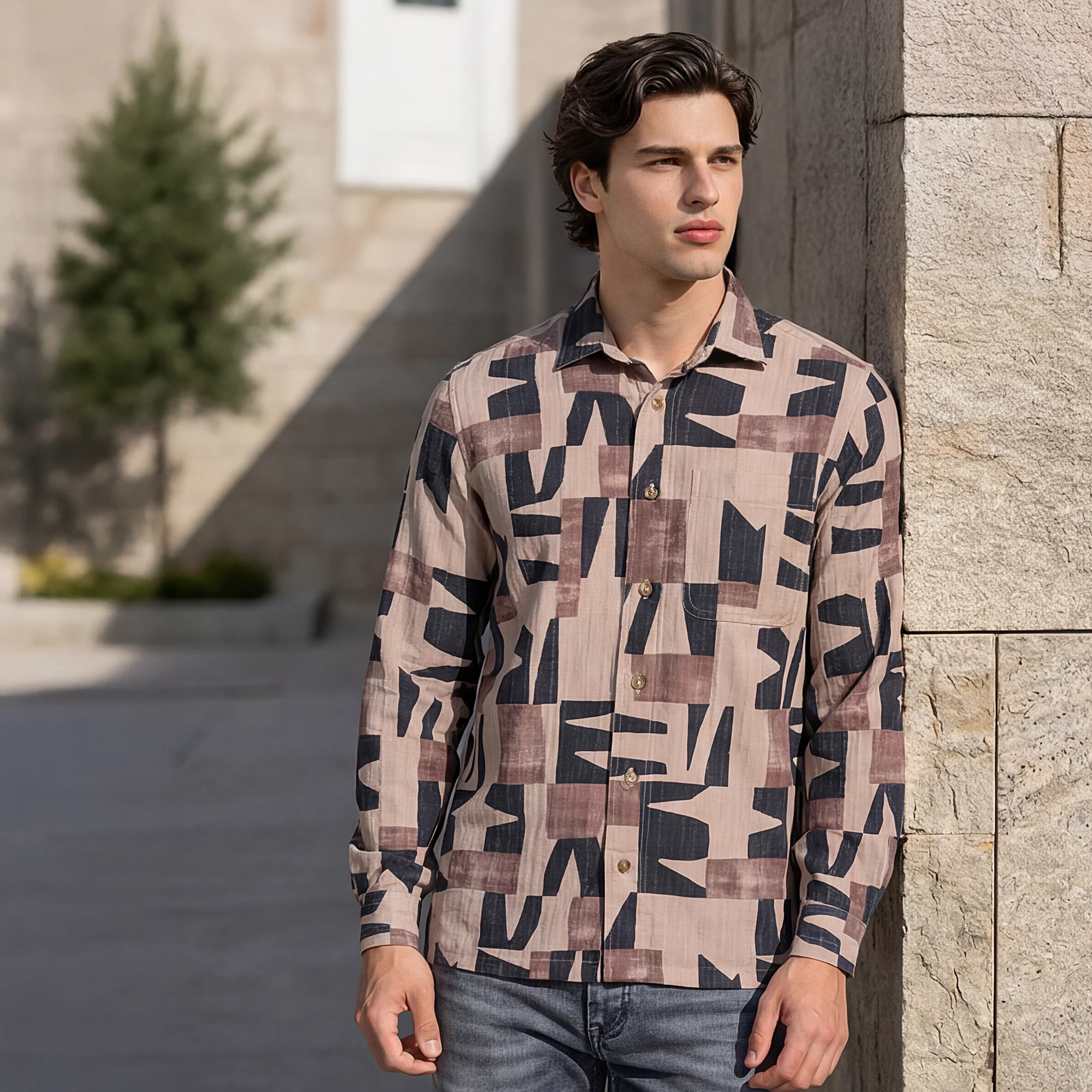 Full Sleeves Slim Fit Beige All Over Abstract Geometric TexturedPrint Shirt - Image 2
