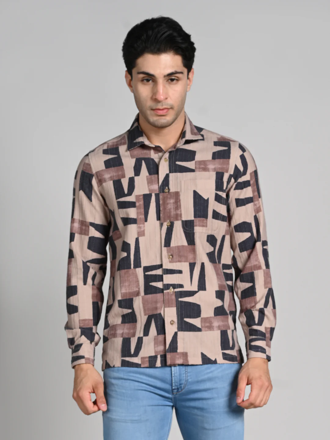 Full Sleeves Slim Fit Beige All Over Abstract Geometric TexturedPrint Shirt - Image 4