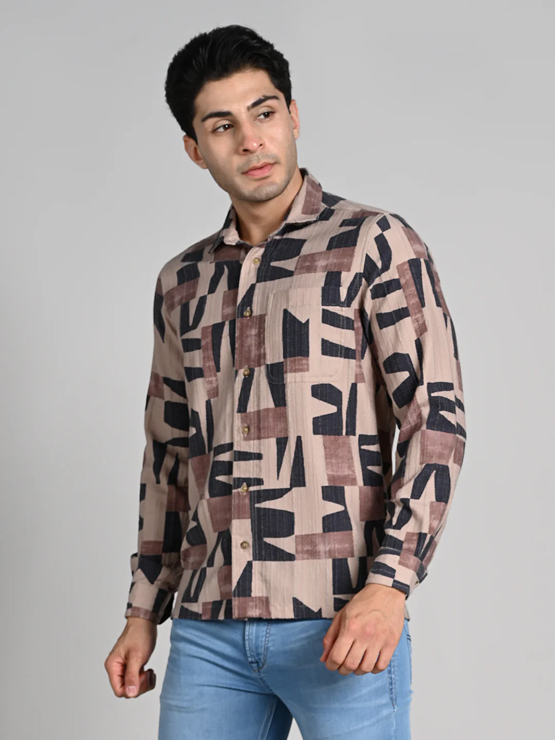 Full Sleeves Slim Fit Beige All Over Abstract Geometric TexturedPrint Shirt - Image 5
