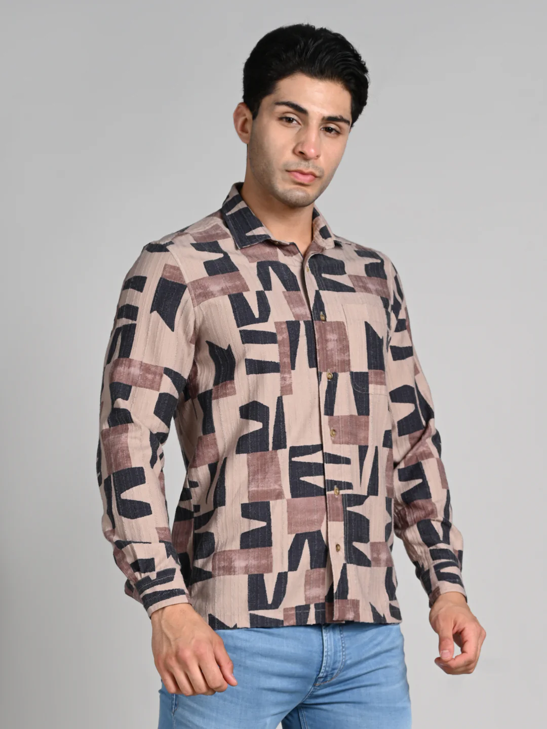 Full Sleeves Slim Fit Beige All Over Abstract Geometric TexturedPrint Shirt - Image 6