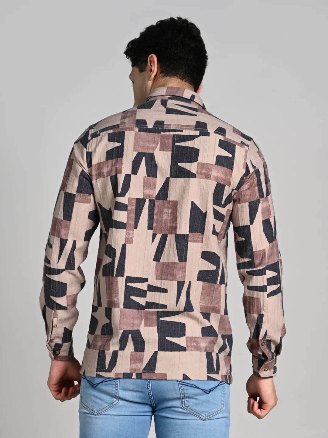 Full Sleeves Slim Fit Beige All Over Abstract Geometric TexturedPrint Shirt - Image 7