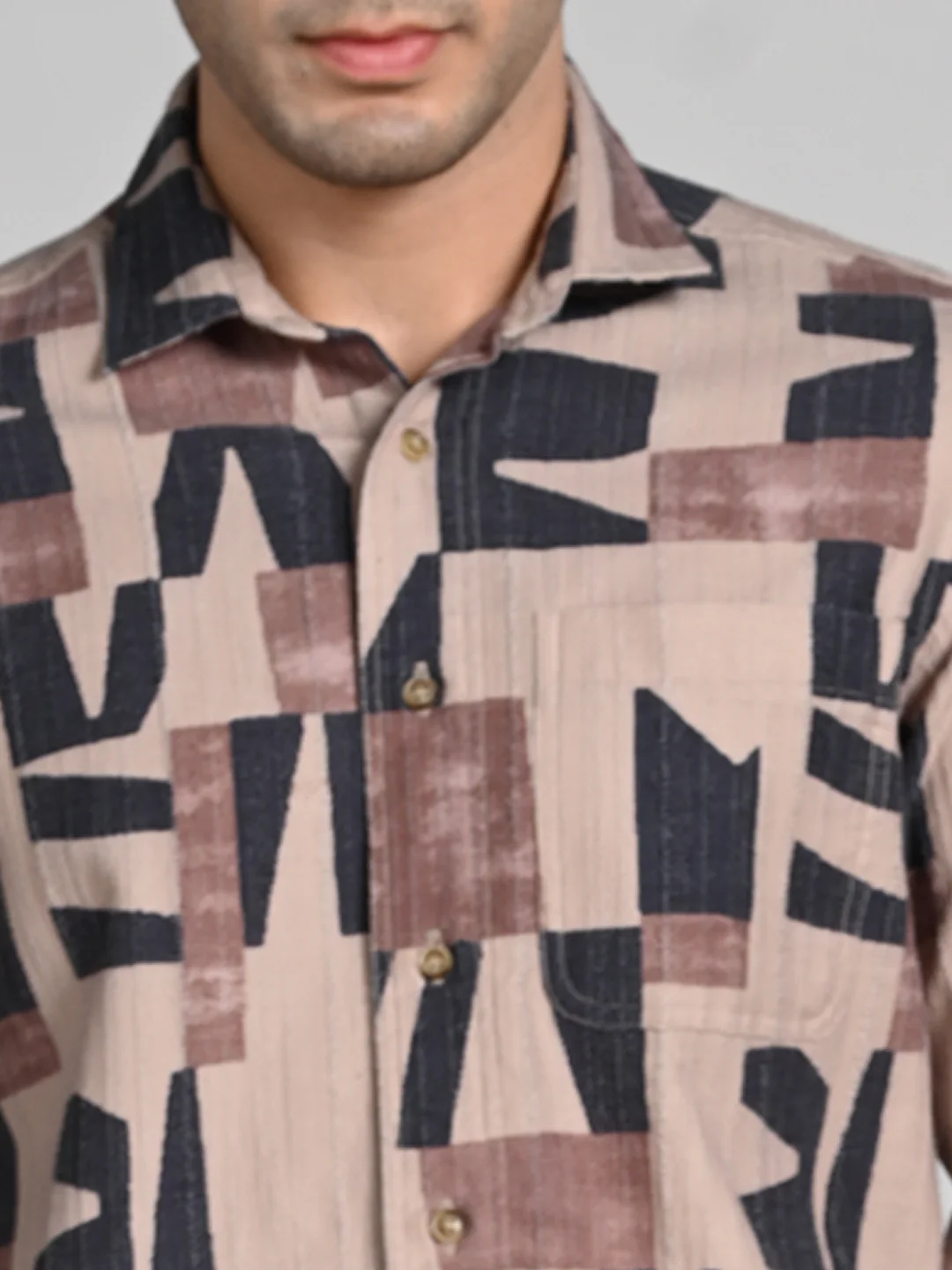 Full Sleeves Slim Fit Beige All Over Abstract Geometric TexturedPrint Shirt - Image 8