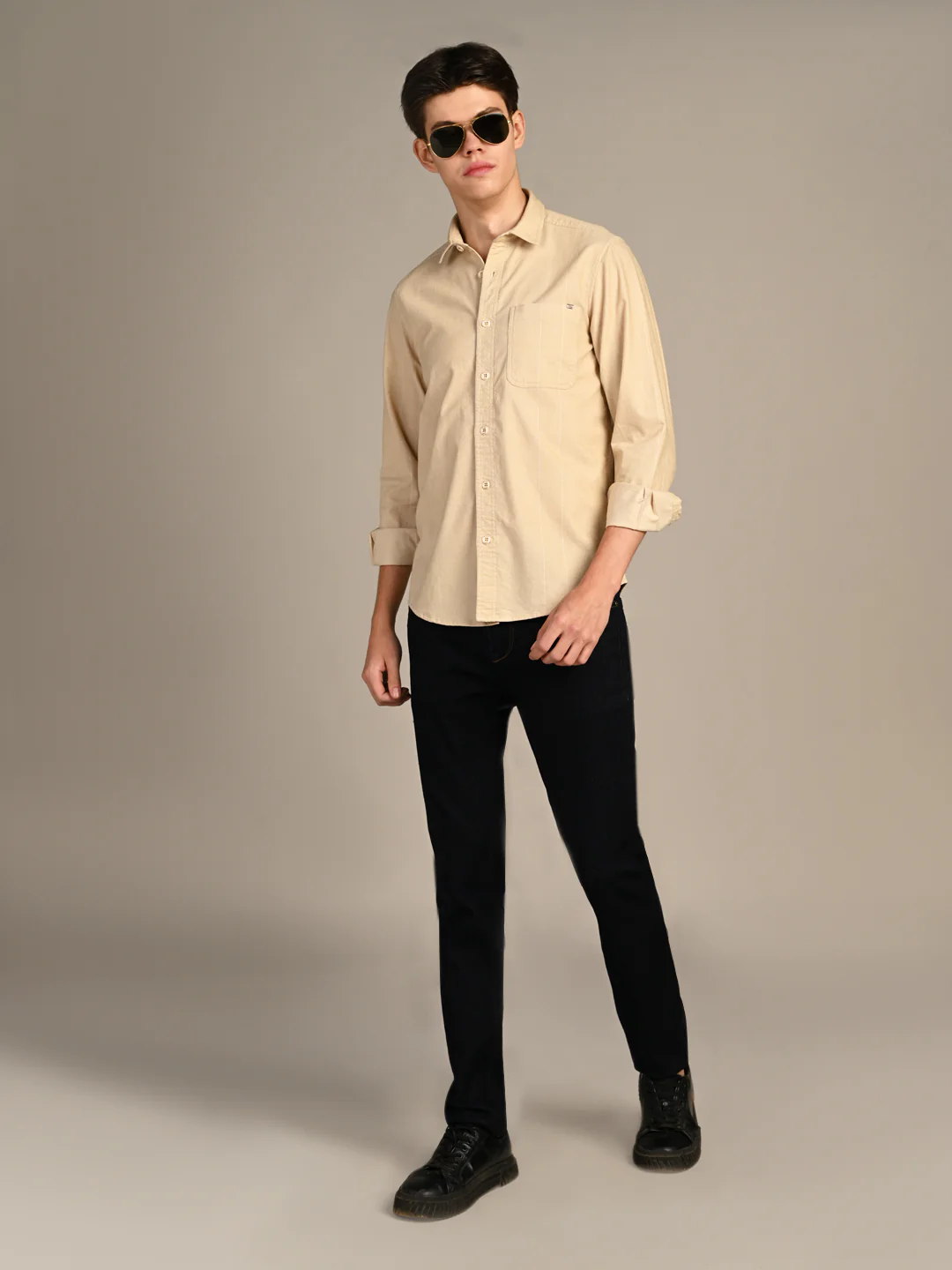 Full Sleeves Slim Fit Beige Dobby Corduroy Solid Shirt - Image 3